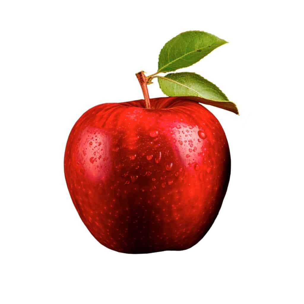Fresh red apple with water droplets and green leaves, ideal for healthy snack options.